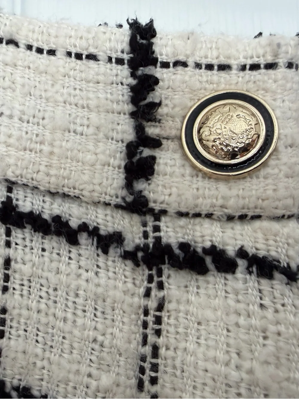 Zara High Waisted Tweed Check Bermuda Shorts Wool Blend Ivory Black S